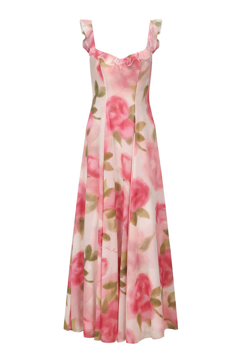 Ruffle Trim Floral Print Sleeveless Vacation Maxi Dresses-Pink