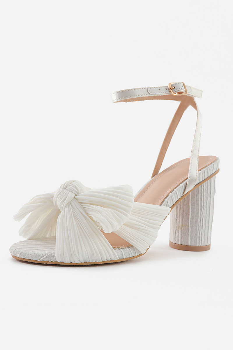 Pleated Bow Ankle Strap Chunky High Heel Sandals