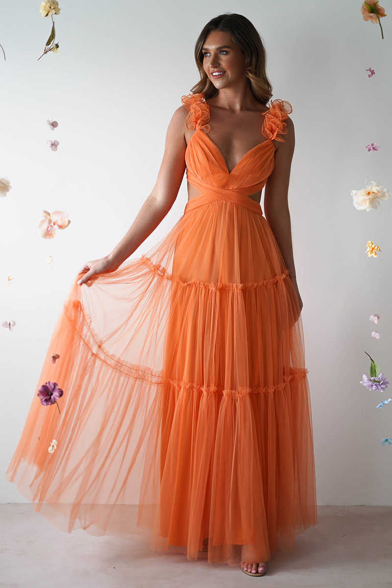 Petal Straps Deep V Neck Backless Tulle Gowns Maxi Dresses-Orange Pre Order