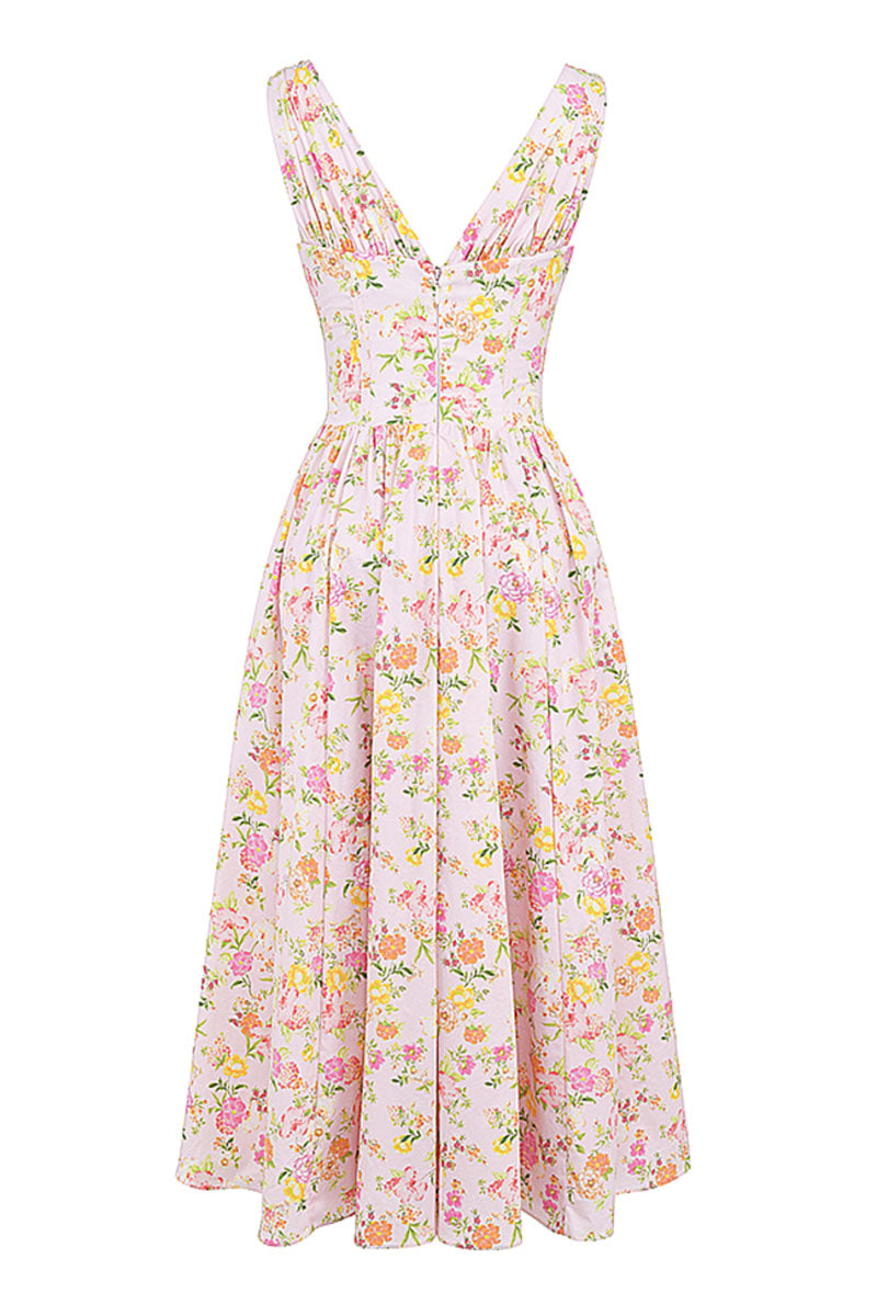 Sleeveless V Neck Cinch Waist Floral Print Midi Dresses-Pink
