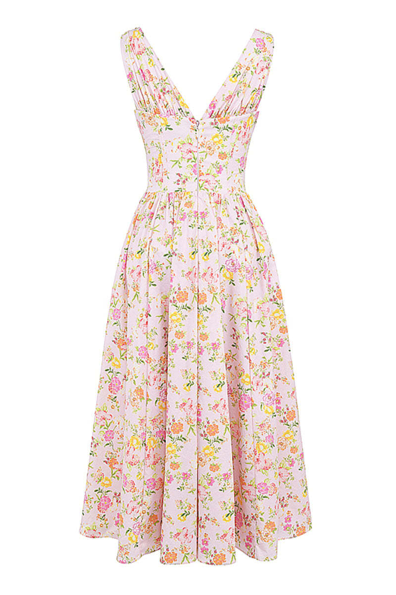 Sleeveless V Neck Cinch Waist Floral Print Midi Dresses-Pink