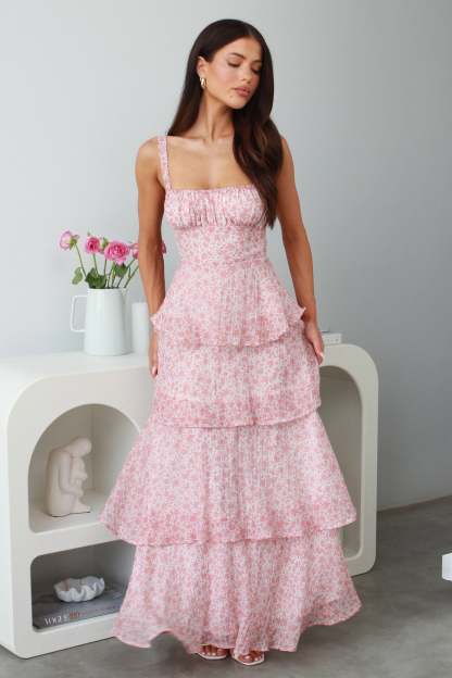 Ditsy Floral Print Tiered Ruffled Maxi Strappy Dresses-Pink