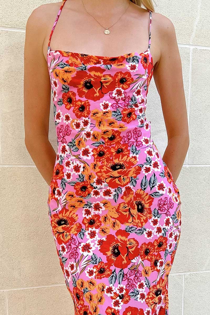 Cross Cami Boat Neck Backless Tied Up Floral Print Vacation Slim Maxi Dresses