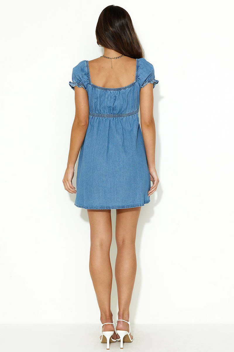 Irregular Neck Front Tie Up Puff Sleeve Denim A-Line Mini Dresses-Blue