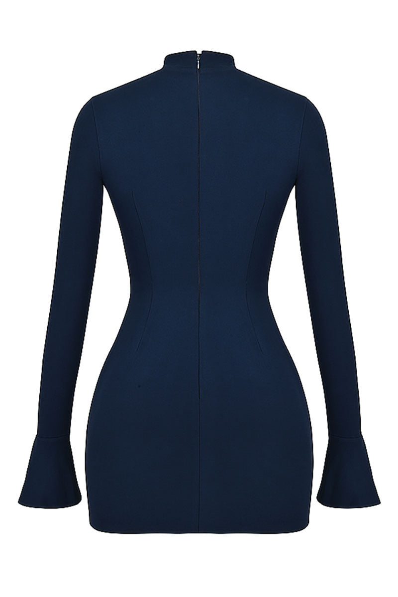 Plain Mock Neck Flared Sleeve Slim Fit Pocket Mini Dresses-Blue