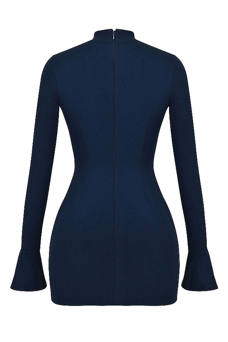 Plain Mock Neck Flared Sleeve Slim Fit Pocket Mini Dresses-Blue