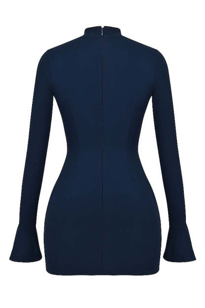 Plain Mock Neck Flared Sleeve Slim Fit Pocket Mini Dresses-Blue