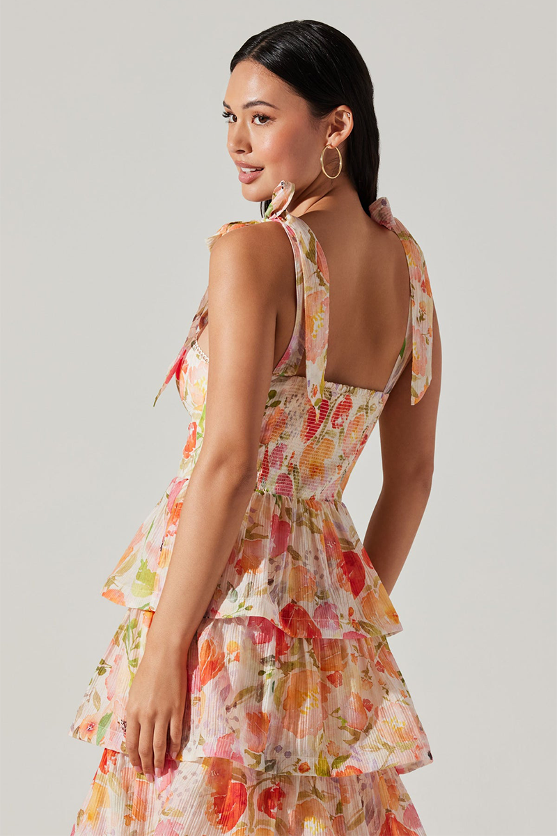 Tied Up Straps Floral Print Layered Hem Maxi Dresses-Orange