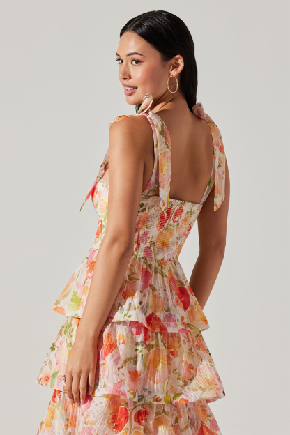 Tied Up Straps Floral Print Layered Hem Maxi Dresses-Orange