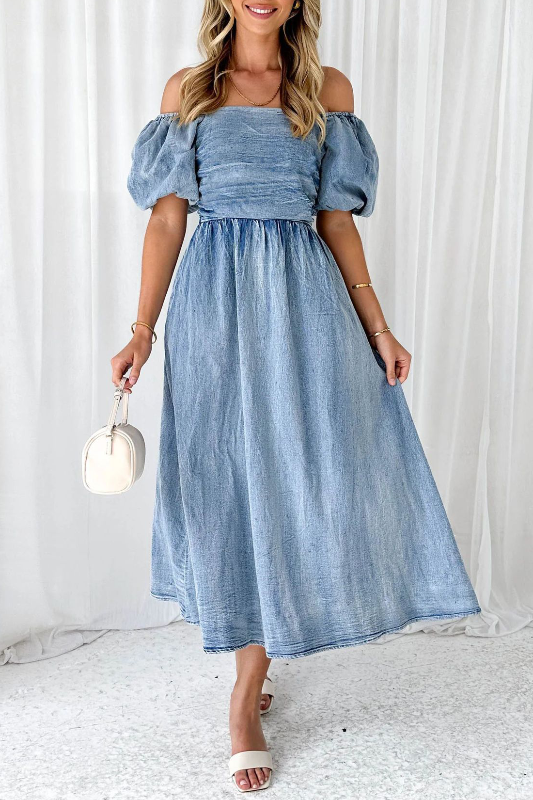 Off Shoulder Puff Sleeve A-Line Denim Elegant Midi Dresses-Blue