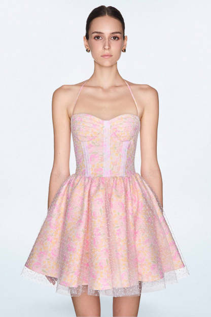 Polka Dot Mesh Patchwork Lace Up Floral Print Mini Dresses-Pink