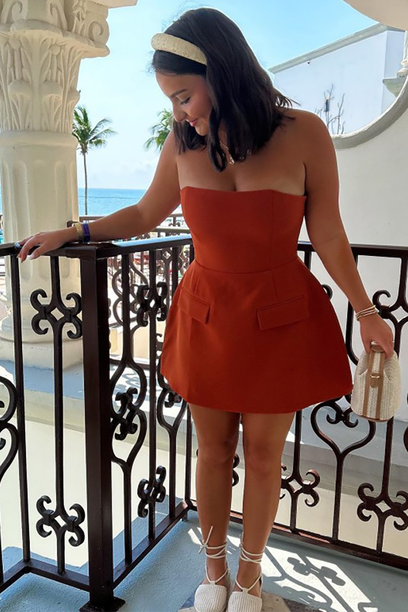 Solid Color Boat Neck A-Line Mini Tube Dresses-Orange