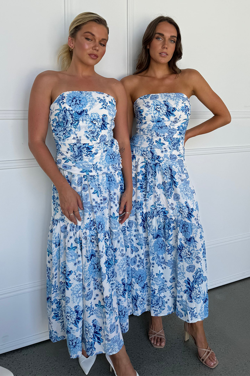 Floral Print Boat Neck Strapless A-Line Maxi Dresses-Blue