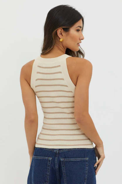 Casual Striped Print Slim Fit Ribbed Knit Tank Top-Blue