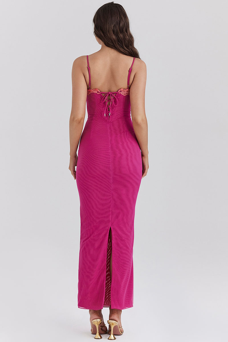 Mesh Patchwork Spaghetti Strap Slit Bodycon Maxi Dresses-Fuchsia Pre Order