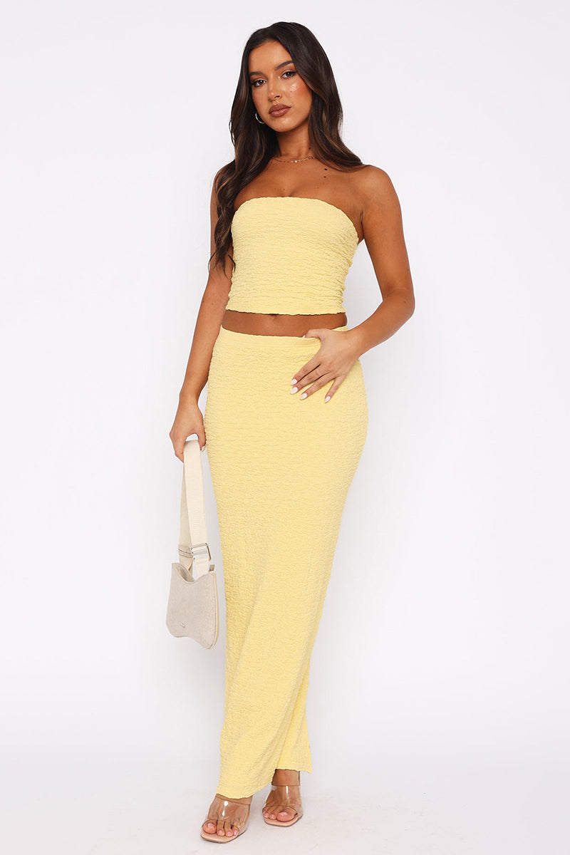 Textured Crop Tube Top Split Bodycon Maxi Skirt Matching Set-White