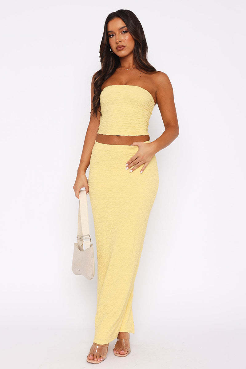 Textured Crop Tube Top Split Bodycon Maxi Skirt Matching Set-White