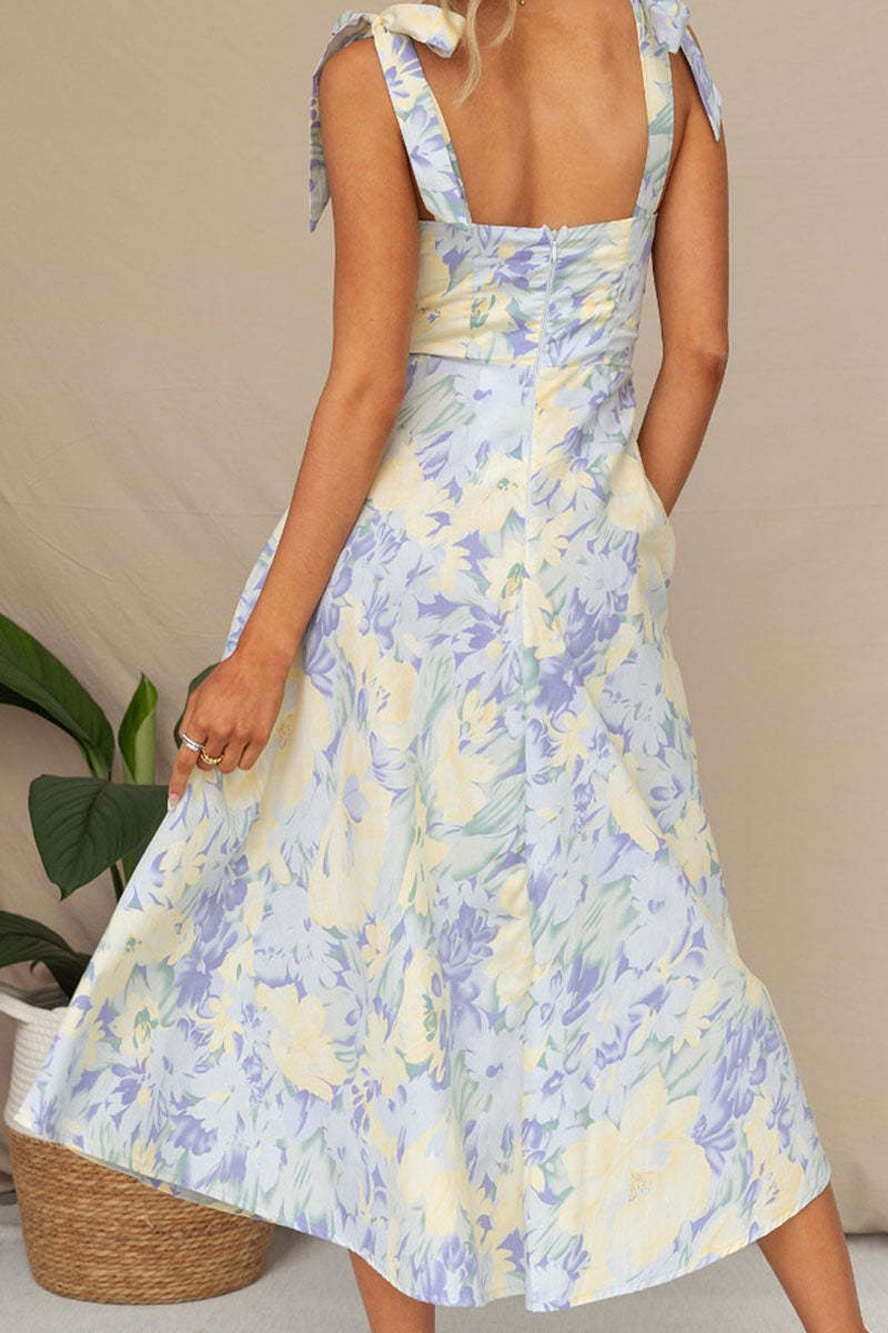 Print Tied Strap Sleeveless Vacation A-Line Midi Dresses