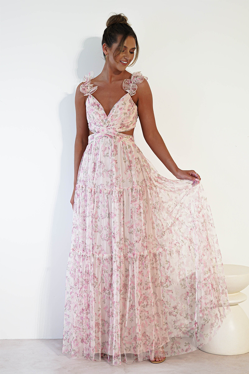 Ditsy Floral Print Frill Straps Backless Tulle Gowns Maxi Dresses-Pink