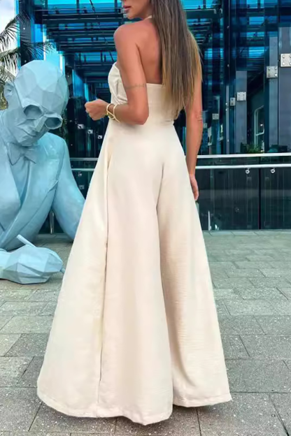 Sleeveless Halter High Waist Overlay Wide Leg Jumpsuit-Beige