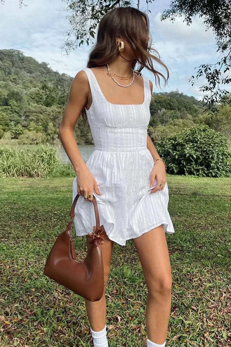 Square Neck Low Back Texture A-Line Sleeveless Mini Dresses-White