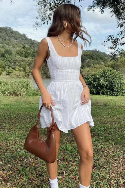 Square Neck Low Back Texture A-Line Sleeveless Mini Dresses-White