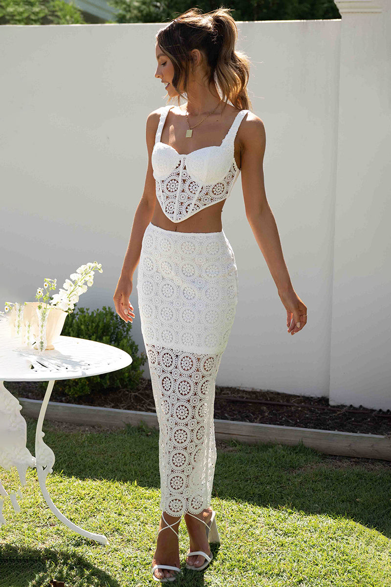 Lace Cami Corset Crop Top Fishtail Slit Midi Dress Vacation Matching Set