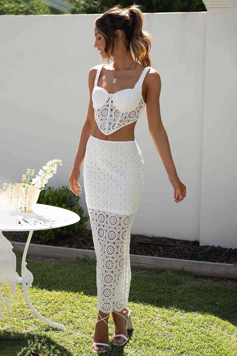 Lace Cami Corset Crop Top Fishtail Slit Midi Dress Vacation Matching Set