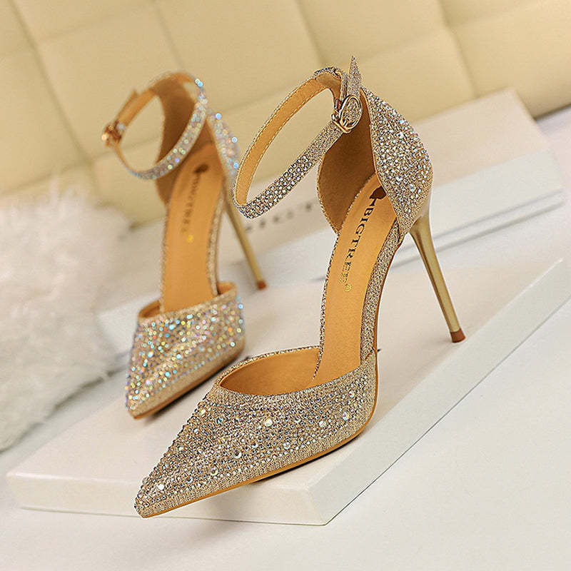 Rhinestone Embellished Pointy Toe Ankle Strap Buckle Stiletto Heels
