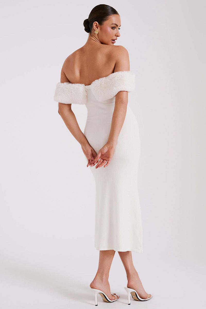 Fuzzy Patchwork Off Shoulder Knit Slim Fit Sweater Midi Dresses-White