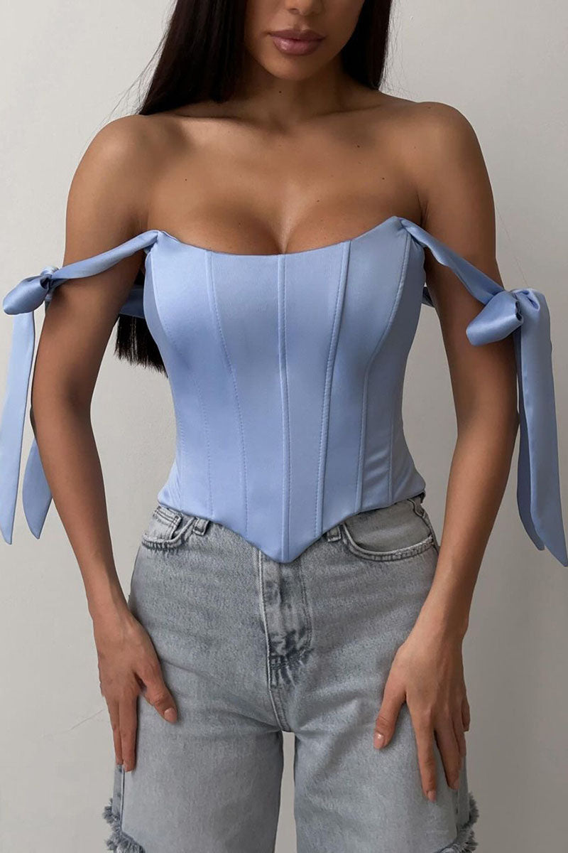 Off Shoulder Ribbon Decor Asymmetric Hem Party Plain Corset Top-Blue