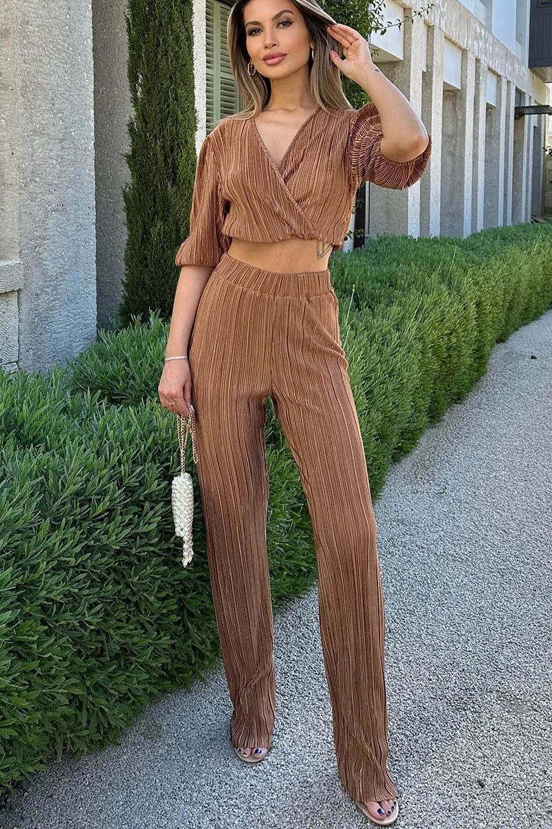 Haif Puffy Sleeve V Neck Tied Up Crop Top Straight Leg Pants Pleated Slim Matching Sets