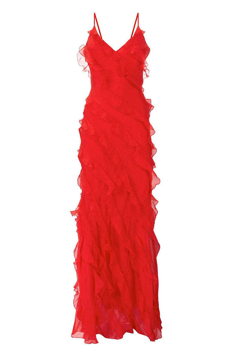 Ruffled Slit V Neck Backless Prom Slip Maxi Dresses