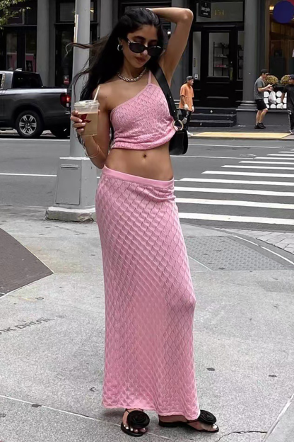 Knit Plaid Pattern One-Shoulder Strap Crop Top Vacation Maxi Skirt Matching Set-Pink