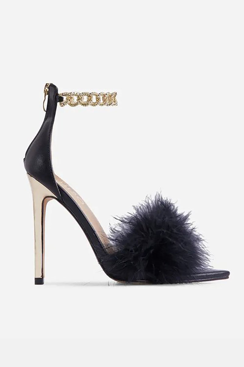 Feather Patchwork Peep-Toe Chain Stiletto Heels-White