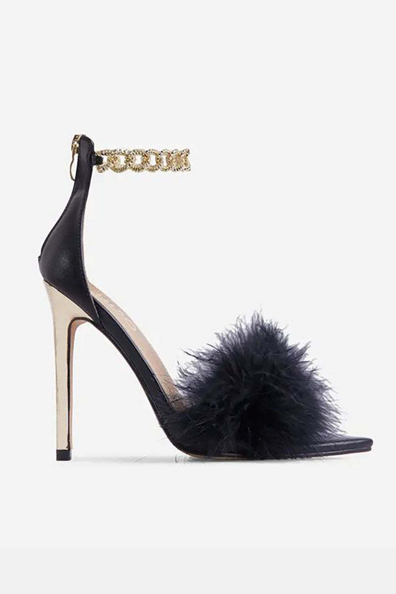 Feather Patchwork Peep-Toe Chain Stiletto Heels-White