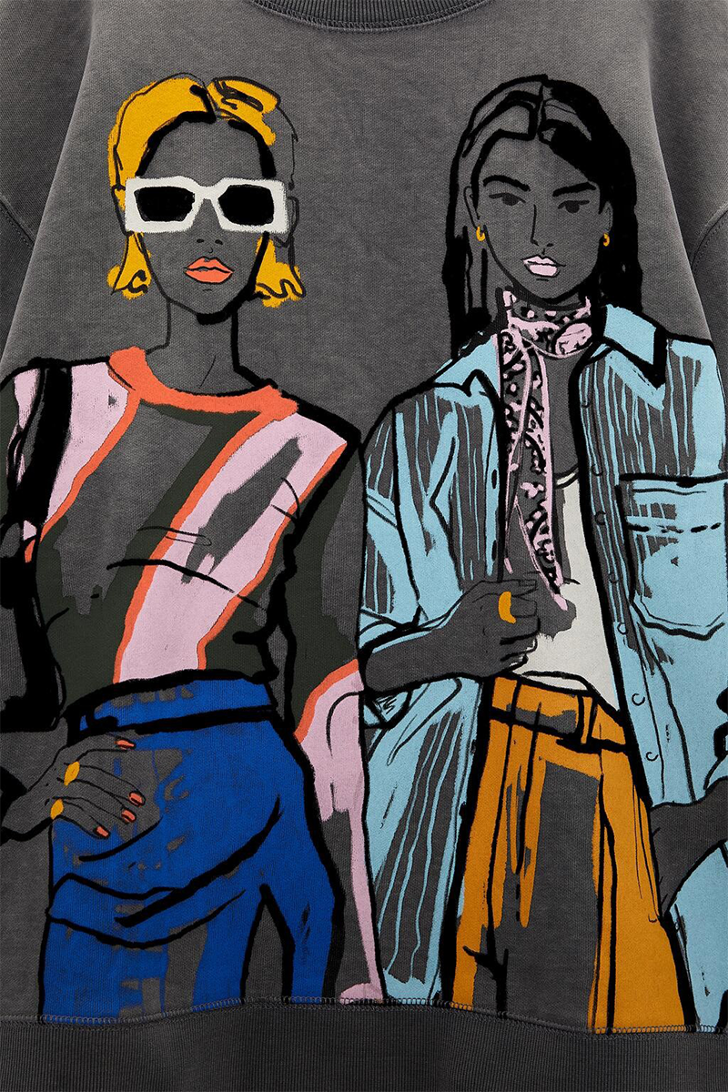 Doodle Print Round Neck Long Sleeve Sweatshirt-Grey