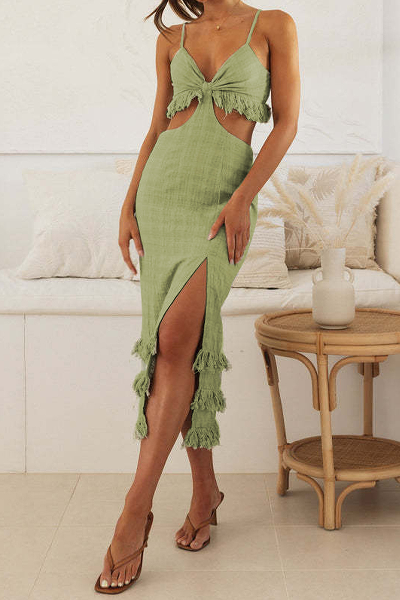 Deep V Neck Cutout Slim Fit Tassel Trim Slit Hem Midi Strappy Dresses-White