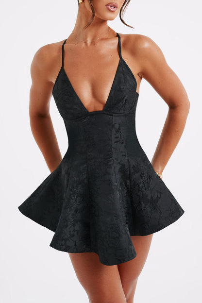 Deep V Neck Halter Backless A-Line Flared Hem Jacquard Playsuit Romper-Pink