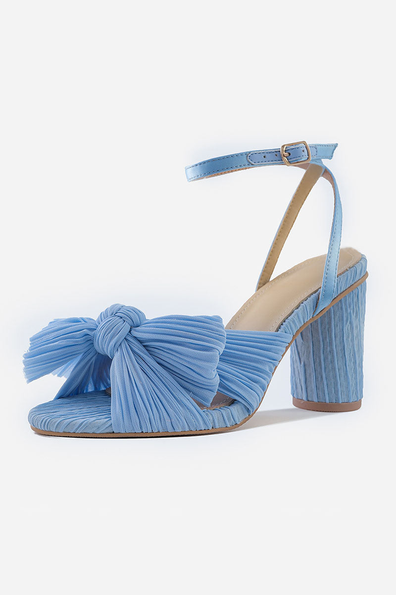 Pleated Bow Ankle Strap Chunky High Heel Sandals