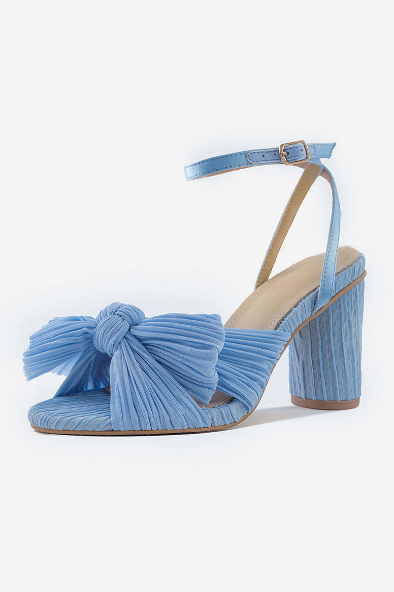 Pleated Bow Ankle Strap Chunky High Heel Sandals