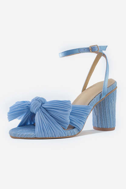 Pleated Bow Ankle Strap Chunky High Heel Sandals