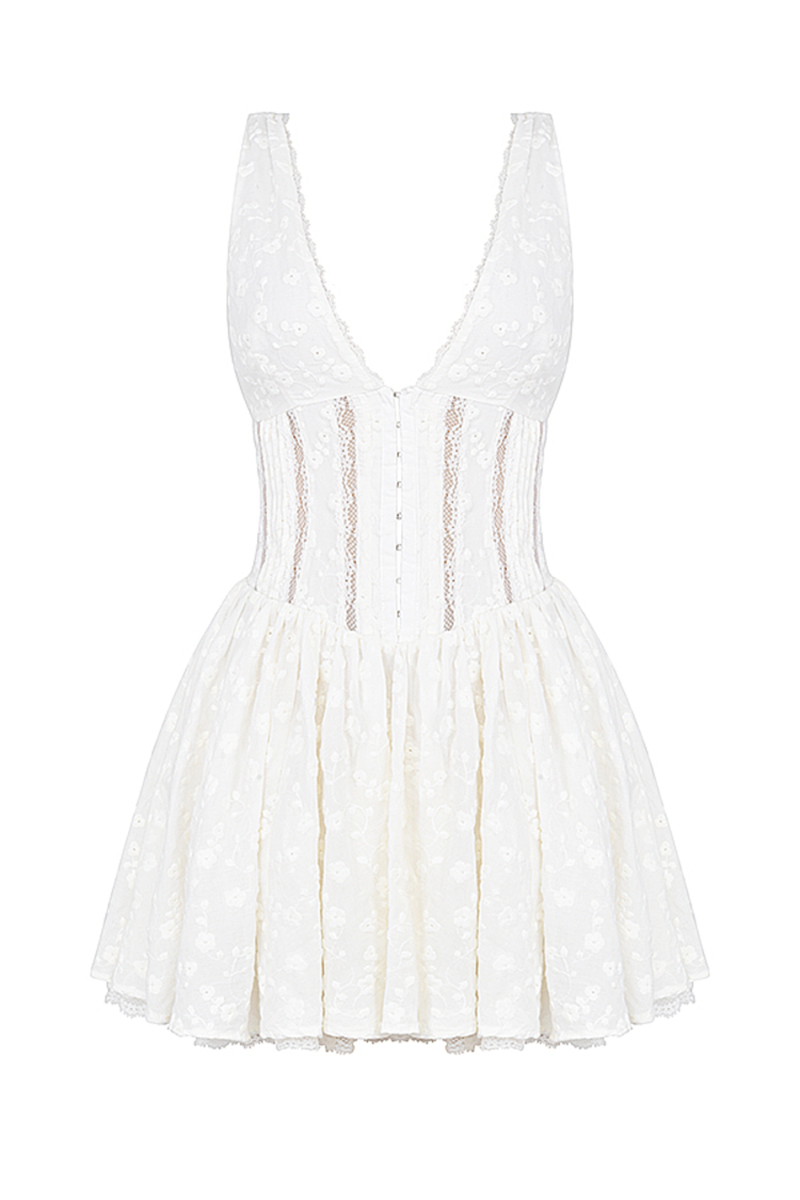 Floral Pattern Deep V Neck Cinch Waist Mini Tank Dresses-White Pre Order