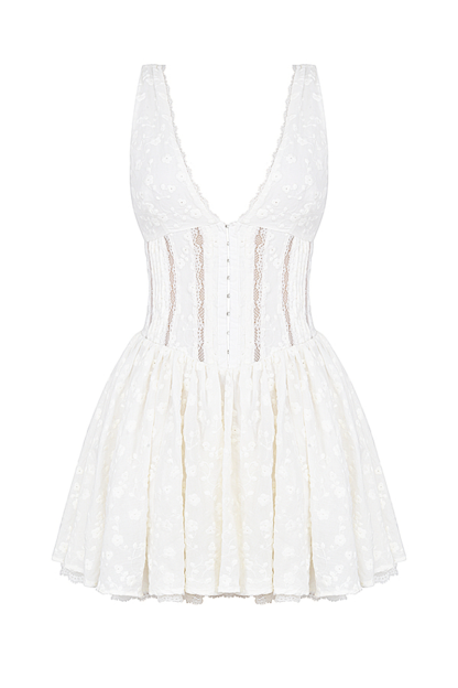Floral Pattern Deep V Neck Cinch Waist Mini Tank Dresses-White Pre Order