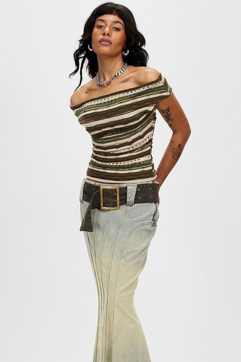 Boat Neck Off Shoulder Boho Pattern Hollow Out Vacation Crop Top-Green