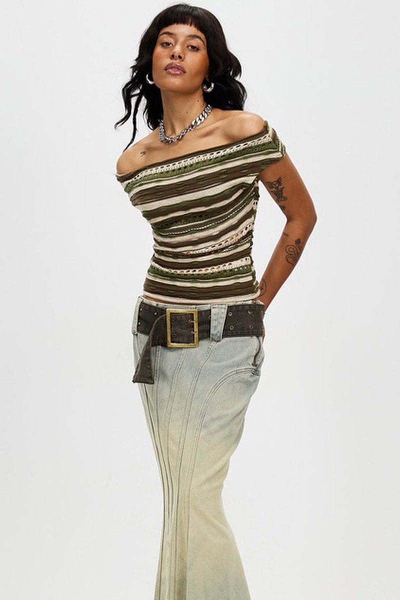 Boat Neck Off Shoulder Boho Pattern Hollow Out Vacation Crop Top-Green