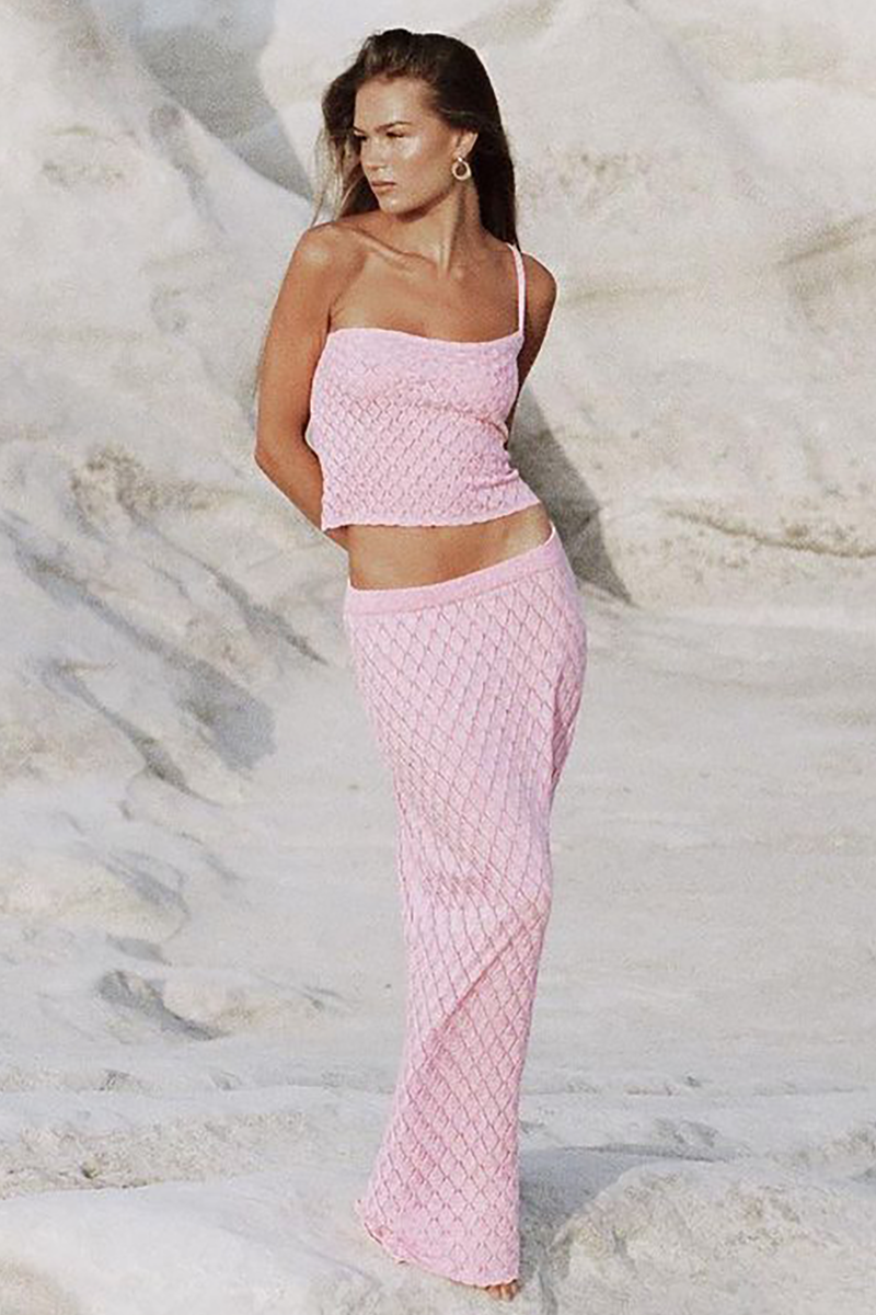 Knit Plaid Pattern One-Shoulder Strap Crop Top Vacation Maxi Skirt Matching Set-Pink