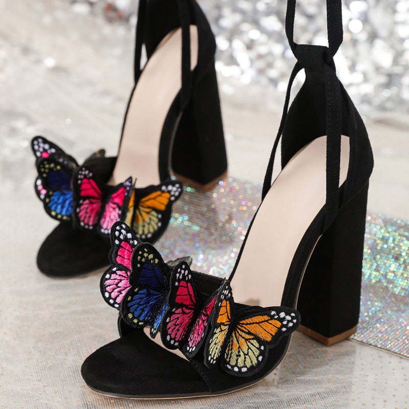 Tie Up Cross Strap Multicolor Embroidered Butterflies Decor Sandal Heels