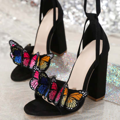 Tie Up Cross Strap Multicolor Embroidered Butterflies Decor Sandal Heels