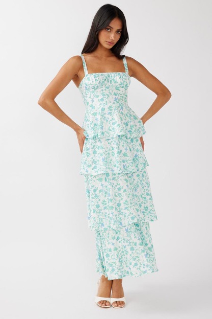 Floral Print Square Neck Straps Back Ribbon Cut Out Tiered Wedding Guest Maxi Dresses-Blue